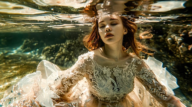 Photo woman in white dress under water with her hair blowing in the wind