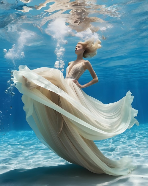 Photo a woman in a white dress under water with the words underwater on the bottom