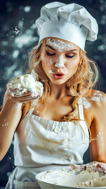 Photo woman in white dress and white hat is holding doughnut