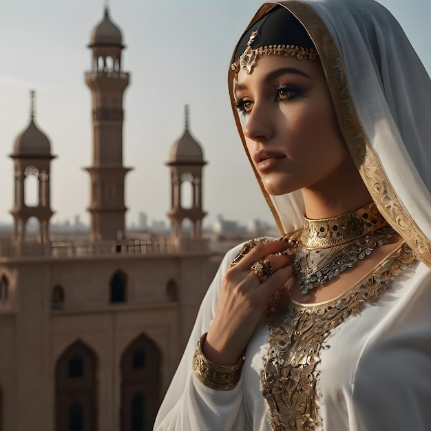 a woman in a white dress with a bell on her neck and a mosque in the background