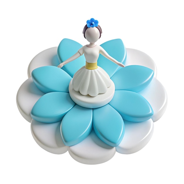 a woman in a white dress with a blue flower on the top