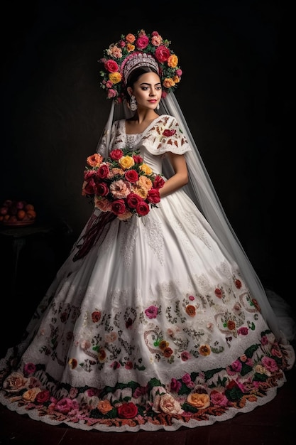 A woman in a white dress with a floral design on it.