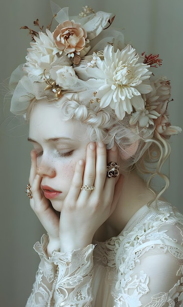 Woman in white dress with flower headpiece and delicate petal eyelash gesture