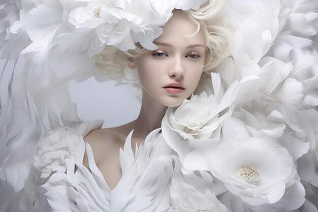 a woman in a white dress with flowers and feathers.