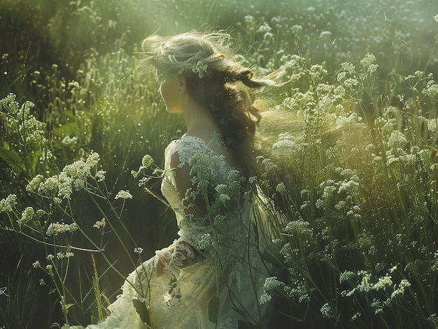 a woman in a white dress with flowers in the grass