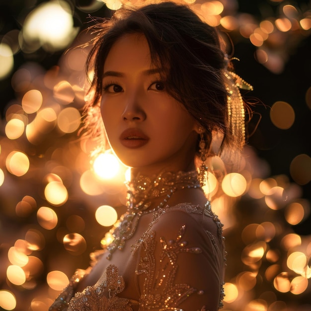 a woman in a white dress with a gold beaded necklace