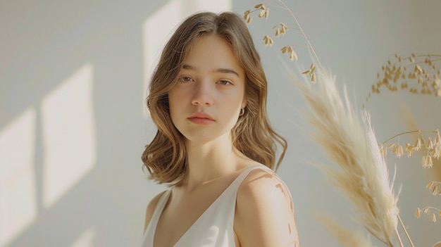 a woman in a white dress with gold flowers