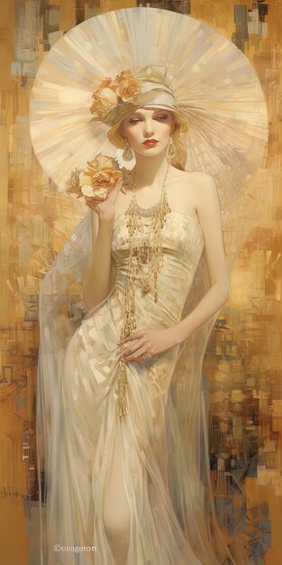 a woman in a white dress with a gold umbrella and a gold flower