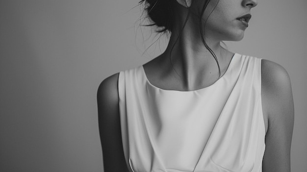 a woman in a white dress with a long neck and a white top with a long neck