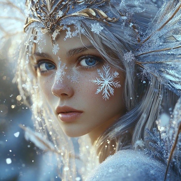 Photo a woman in a white dress with snow on her face