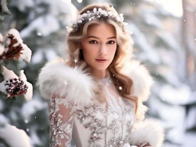 Photo a woman in a white dress with snowflakes on her hair