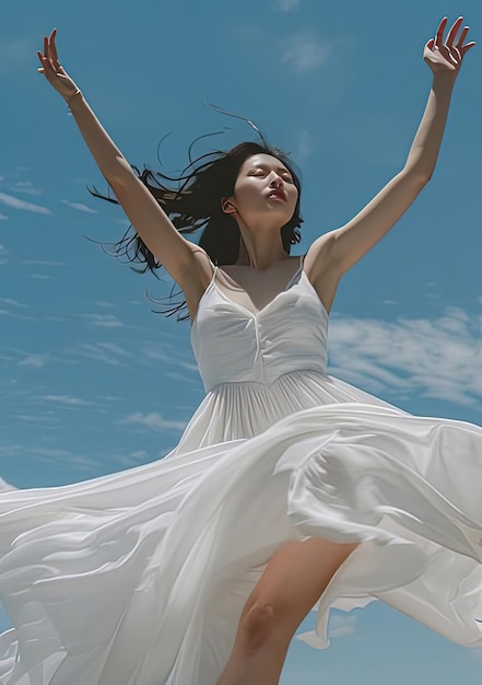 Photo a woman in a white dress with the sun shining on her hair