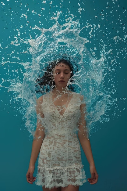 Photo a woman in a white dress with water splashing around her