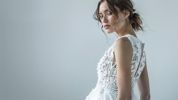 a woman in a white dress with a white lace on the back