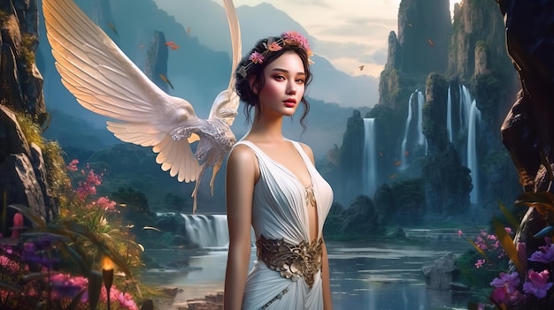 A woman in a white dress with wings stands in front of a waterfall.