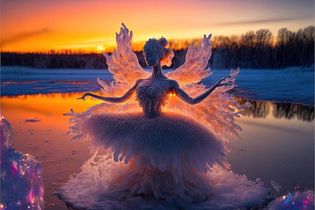 A woman in a white dress with wings that says'angel'on it