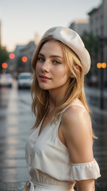 a woman in a White dress and woman's hat standing in front of a wet street