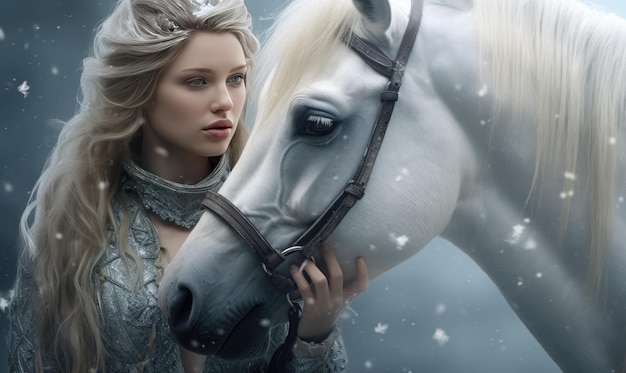 Woman in white embracing a majestic horse in a snowy landscape Tranquil fantasy winter scene Created with generative AI tools