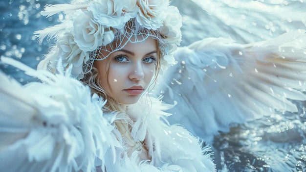 Photo a woman in a white feathered hat and feathered headdress sits in the snow