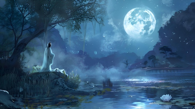 Woman in White Gazing at the Moonlit Lake