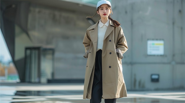 a woman in a white hat and black pants stands on a sidewalk