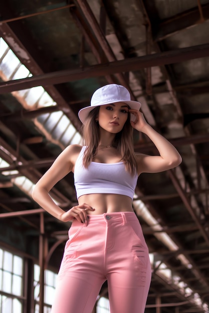 A woman in a white hat and pink shorts stands in a warehouse.