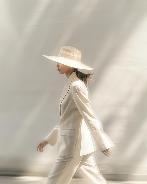 a woman in a white hat walks in front of a white backdrop