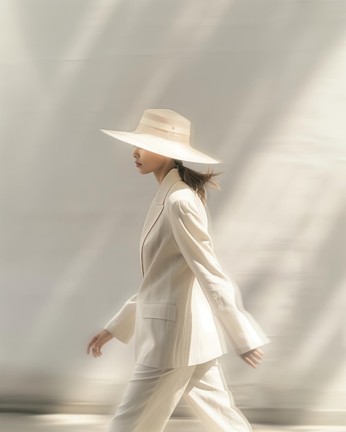 a woman in a white hat walks in front of a white backdrop