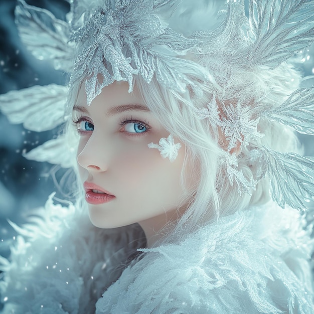 Photo a woman in a white hat and white fur hat is shown in the snow