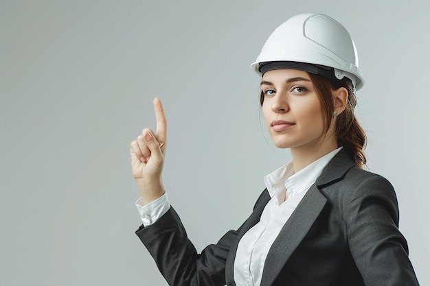 a woman in a white helmet pointing to the right