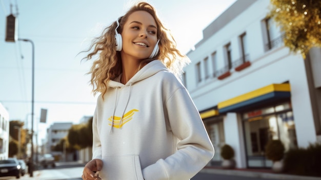 Photo woman in white hoodie listening to music