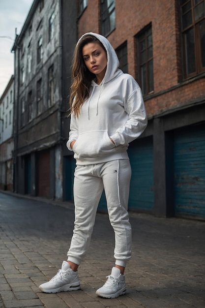 Photo a woman in a white hoodie stands on a brick sidewalk