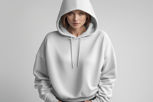 Photo a woman in a white hoodie with a hoodie on it