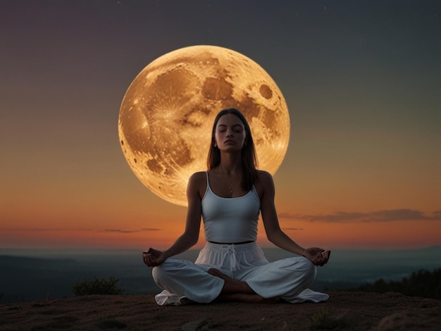 a woman in white is sitting in front of a full moon