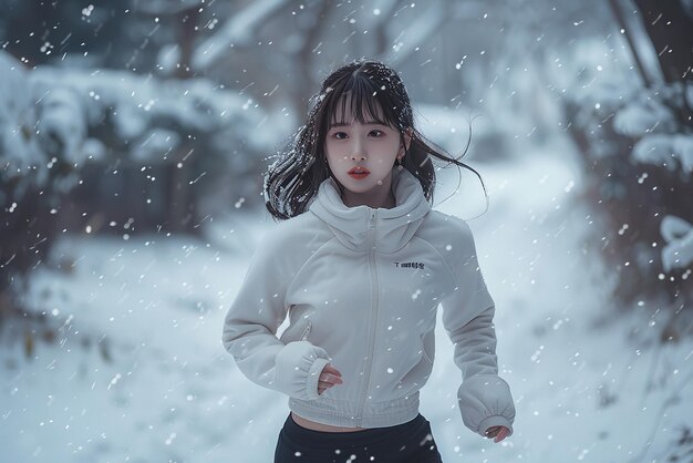 a woman in a white jacket is walking in the snow