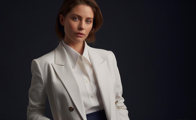 A woman in a white jacket stands in front of a dark background.