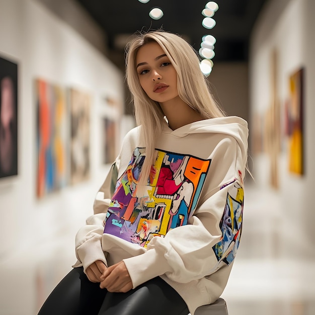 Photo a woman in a white jacket with a colorful picture on the front