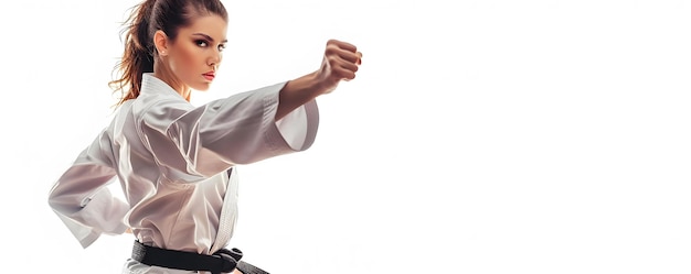 Photo woman in white karate gi with black belt striking a pose