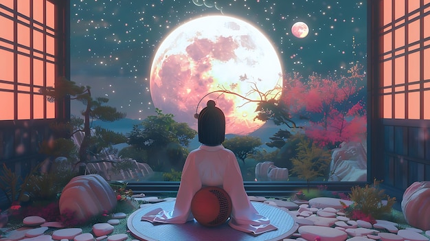 Woman in White Kimono Contemplating the Moonlit Night from a JapaneseStyle Window