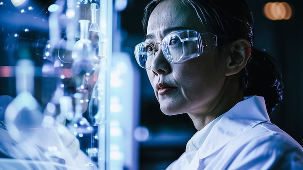 Woman in white lab coat and glasses looking at a monitor