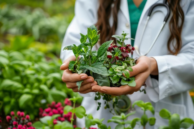 Woman in White Lab Coat Holding Variety of Fresh Herbs with Stethoscope on Greenhouse Background