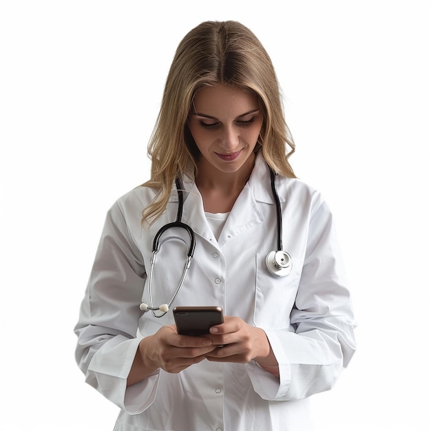 a woman in a white lab coat is holding a phone and a stethoscope