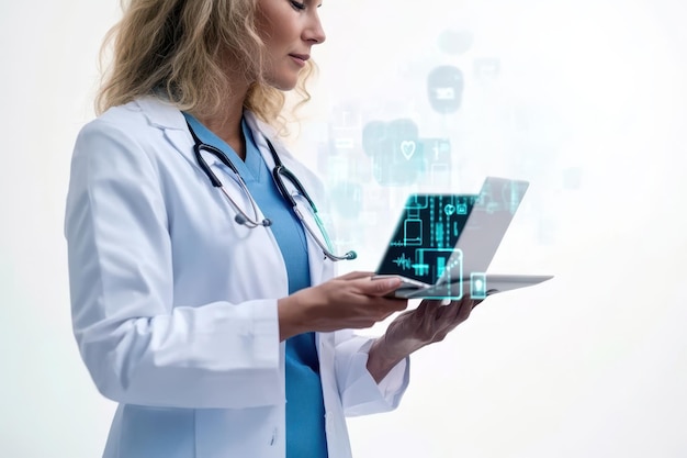 Photo a woman in a white lab coat is holding a tablet with the words  medical  on it