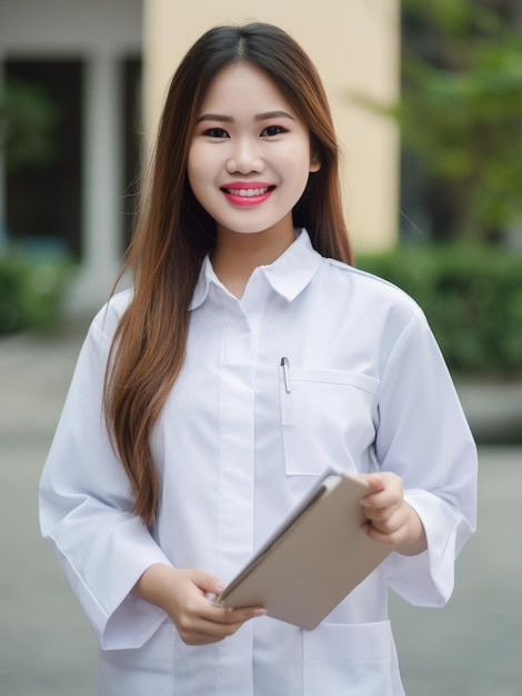 A woman in a white lab coat is holding a tablet.