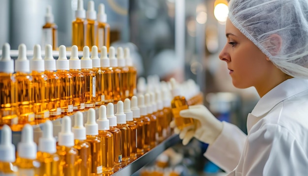 a woman in a white lab coat is looking at a display of bottles