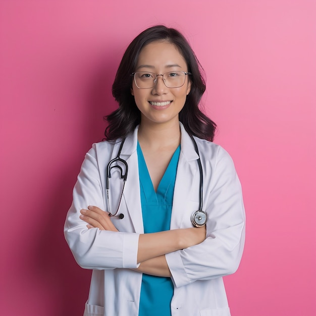 a woman in a white lab coat is posing for a photo