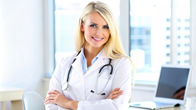 a woman in a white lab coat is posing for a photo