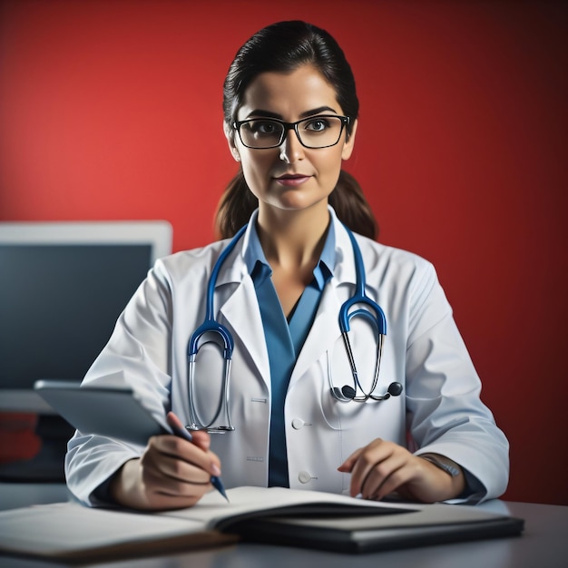 A woman in a white lab coat is sitting at a desk with a computer and a stethoscope around her neck.