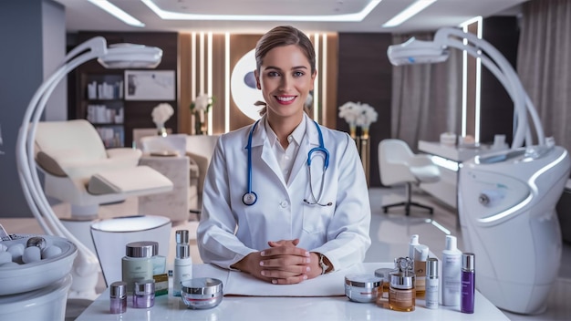 Photo a woman in a white lab coat is sitting at a desk with many bottles of medicine