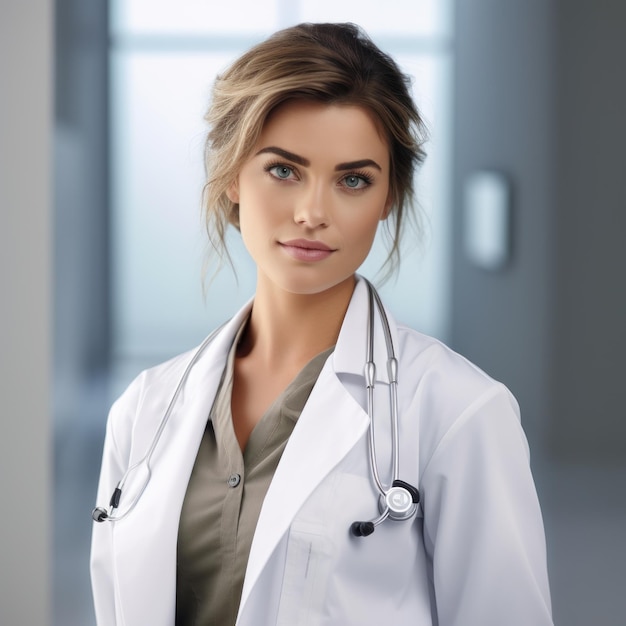 Photo a woman in a white lab coat is standing in front of a window